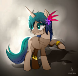 Size: 1107x1080 | Tagged: safe, artist:zidanemina, derpibooru import, oc, oc:blue veil, unicorn, abstract background, bedroom eyes, blue mane, bracelet, feather, jewelry, smiling, solo, veil