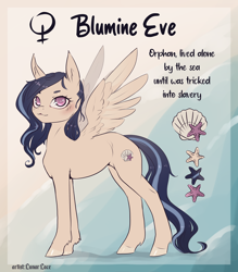 Size: 1050x1200 | Tagged: safe, artist:lunarlacepony, derpibooru import, oc, oc:blumine eve, pegasus, beach, blushing, cutie mark, female, looking at you, reference sheet, sand, seashell, shiny hoof, shore, smiling, smiling at you, solo, tail, tide, two toned mane, two toned tail, wavy mane, wavy tail