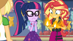 Size: 1280x721 | Tagged: safe, derpibooru import, edit, edited screencap, editor:horsesplease, screencap, applejack, sci-twi, sunset shimmer, twilight sparkle, better together, equestria girls, rollercoaster of friendship, burning, fiery shimmer, fire, insanity, obsession, pyromania, pyromaniac, snapset shimmer, ticket