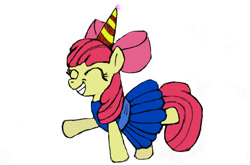 Size: 940x620 | Tagged: safe, artist:dreckerjones, derpibooru import, apple bloom, earth pony, pony, clothes, dress, female, filly, hat, party hat, solo