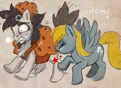 Size: 500x364 | Tagged: safe, artist:thegamercolt, derpibooru import, derpy hooves, oc, oc:thegamercolt, earth pony, pegasus, pony, biting, chest fluff, clothes, costume, cutie mark, food, halloween, holiday, muffin, pain, surprised