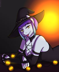 Size: 2500x3000 | Tagged: safe, artist:squishheart, derpibooru import, oc, oc:slap hard, anthro, :p, breasts, cleavage, clothes, costume, evening gloves, fingerless elbow gloves, fingerless gloves, gloves, halloween, halloween costume, hat, holiday, long gloves, solo, tongue, tongue out, witch hat