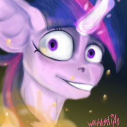 Size: 2000x2000 | Tagged: safe, artist:watashiao, derpibooru import, twilight sparkle, pony, unicorn, creepy, fire, looking at you, magic, magic aura, solo