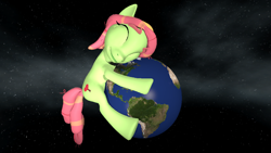 Size: 1078x606 | Tagged: safe, artist:that1guy, derpibooru import, tree hugger, earth pony, pony, earth, female, giant pony, giantess, hug, macro, mare, pony bigger than a planet, smiling, space