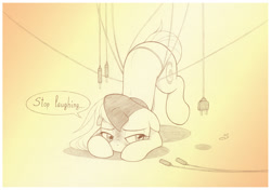 Size: 1061x747 | Tagged: safe, artist:sherwoodwhisper, derpibooru import, oc, oc:eri, pony, unicorn, blushing, cape, clothes, embarrassed, female, filly, inktober, inktober 2021, monochrome, power cord, solo, tangled up, wires