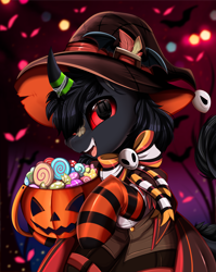 Size: 2550x3209 | Tagged: safe, artist:pridark, derpibooru import, part of a series, part of a set, oc, oc:gossamer, kirin, bucket, candy, clothes, commission, costume, curved horn, female, food, halloween, hat, high res, holiday, horn, jack-o-lantern, kirin oc, male, pumpkin, pumpkin bucket, red eyes, socks, solo, straight, striped socks, witch hat, ych result