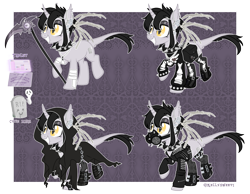 Size: 2693x2092 | Tagged: safe, artist:kellysweet1, derpibooru import, oc, oc only, oc:grimm fable, alicorn, pony, alicorn oc, bag, bandage, boots, chess piece, choker, cloak, clothes, deaf, ear piercing, earring, eyebrow piercing, eyeshadow, female, fingerless gloves, gas mask, gloves, grim reaper, grin, hearing aid, horn, jacket, jewelry, leather jacket, lip piercing, makeup, mare, mask, necklace, piercing, raised hoof, raised leg, reference sheet, ripped stockings, scythe, shoes, smiling, socks, solo, spiked choker, spiked wristband, stockings, sweater, tablet, thigh highs, torn clothes, torn socks, wings, wristband