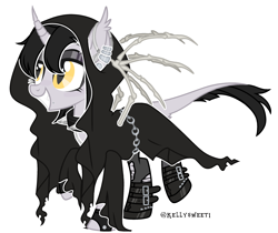 Size: 2764x2317 | Tagged: safe, artist:kellysweet1, derpibooru exclusive, derpibooru import, oc, oc only, oc:grimm fable, alicorn, pony, alicorn oc, belt, boots, chains, chess piece, choker, cloak, clothes, deaf, ear piercing, earring, eyebrow piercing, eyeshadow, female, fingerless gloves, gloves, grim reaper, grin, hearing aid, horn, jewelry, lip piercing, makeup, mare, necklace, piercing, raised hoof, raised leg, ripped stockings, shoes, simple background, smiling, socks, solo, spiked choker, stockings, thigh highs, torn clothes, torn socks, transparent background, wings