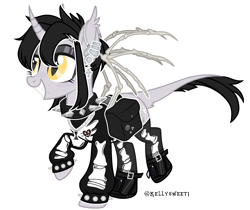 Size: 2764x2317 | Tagged: safe, artist:kellysweet1, derpibooru exclusive, derpibooru import, oc, oc only, oc:grimm fable, alicorn, pony, alicorn oc, bag, boots, chess piece, choker, clothes, deaf, ear piercing, earring, eyebrow piercing, eyeshadow, female, grim reaper, grin, hearing aid, horn, jewelry, lip piercing, makeup, mare, necklace, piercing, raised hoof, raised leg, shoes, simple background, smiling, socks, solo, spiked choker, spiked wristband, stockings, sweater, thigh highs, transparent background, wings, wristband