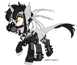 Size: 2764x2317 | Tagged: safe, artist:kellysweet1, derpibooru exclusive, derpibooru import, oc, oc only, oc:grimm fable, alicorn, pony, alicorn oc, boots, chess piece, choker, clothes, deaf, ear piercing, earring, eyebrow piercing, eyeshadow, female, gas mask, grim reaper, hearing aid, horn, jacket, jewelry, leather jacket, lip piercing, makeup, mare, mask, necklace, piercing, raised hoof, raised leg, shoes, simple background, socks, solo, spiked choker, stockings, thigh highs, transparent background, wings