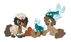 Size: 3483x2064 | Tagged: safe, artist:marbo, oc, oc only, oc:evergreen, oc:podzol, pony, sheep, /mlp/, chest fluff, cute, female, filly, fish hat, fluffy, hoof fluff, looking at you, prone, ram, simple background, sitting, snowpony (species), standing, taiga pony, transparent background, trio