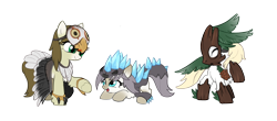 Size: 3483x1536 | Tagged: safe, artist:marbo, oc, oc only, oc:meadow frost, oc:snowfall, oc:whittlehoof, pony, /mlp/, about to pounce, chest fluff, coat markings, costume, cute, female, filly, fluffy, hoof fluff, prone, raised hoof, raised leg, simple background, snowpony (species), socks (coat marking), taiga pony, transparent background, underhoof