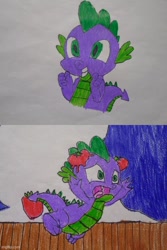 Size: 500x750 | Tagged: safe, artist:spikeabuser, spike, dragon, drawing, food, male, solo, spikeabuse, stage, tomato, tomatoes
