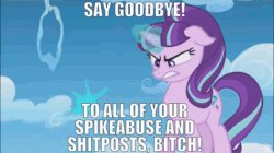 Size: 960x537 | Tagged: safe, edit, edited screencap, editor:undeadponysoldier, screencap, starlight glimmer, pony, unicorn, the cutie re-mark, angry, animated, backpack, bitch, cloudsdale, edited gif, female, gif, goodbye, gritted teeth, image macro, implied abuse, implied shitposting, implied spike, implied spikeabuse, looking at you, mare, paper, ripping, scroll, solo, spike justice warriors, spikelove, talking to viewer, tearing up, text, vulgar