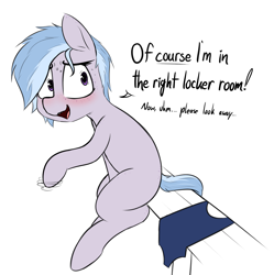 Size: 2341x2355 | Tagged: safe, artist:pinkberry, oc, oc only, oc:winter azure, earth pony, pony, alternate hairstyle, blushing, braces, clothes, colored sketch, colt, crossdressing, cute, dialogue, earth pony oc, embarrassed, femboy, freckles, girly, hair over one eye, imminent crossdressing, locker room, male, ocbetes, one-piece swimsuit, sitting, sketch, solo, speech, sweat, sweatdrops, swimsuit, talking, trap