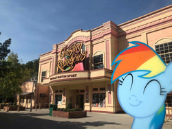 Size: 1032x774 | Tagged: safe, edit, editor:undeadponysoldier, photographer:undeadponysoldier, rainbow dash, amusement park, building, chasing rainbows, cute, dashabetes, dolly parton, dollywood, edited photo, exterior, happy, museum, namesake, pigeon forge, ponies in real life, smiling, solo, tennesee, vacation