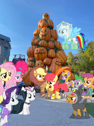 Size: 1280x1708 | Tagged: safe, editor:undeadponysoldier, photographer:undeadponysoldier, apple bloom, applejack, babs seed, fluttershy, pinkie pie, rainbow dash, rarity, scootaloo, spike, sweetie belle, twilight sparkle, twilight sparkle (alicorn), alicorn, bat pony, dragon, earth pony, lion, mermaid, pegasus, pony, undead, unicorn, vampire, werewolf, animal costume, astrodash, astronaut, barbarian, best friends, conjoined twins, cosplay, costume, cute, cutie mark crusaders, day, decoration, dollywood, dragons in real life, early, edited photo, family, female, filly, flutterbat, flying, freckles, group, halloween, headband, holiday, jack-o-lantern, male, mane seven, mane six, mare, nightmare night, nightmare night costume, pigeon forge, pile, pinkie puffs, ponies in real life, prop, pumpkin, royal guard armor, spear, species swap, tennessee, two heads, vanellope von schweetz, warrior, weapon, wreck-it ralph