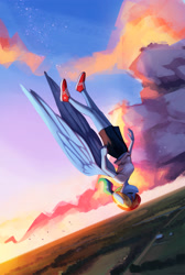 Size: 2000x2985 | Tagged: safe, artist:mrscroup, derpibooru import, rainbow dash, anthro, bird, pegasus, clothes, cloud, eyes closed, female, flying, ponytober, shoes, sky, sneakers, solo