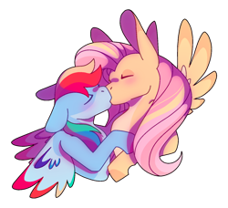 Size: 1280x1167 | Tagged: safe, artist:lockandkeyhyena, derpibooru import, fluttershy, rainbow dash, pegasus, pony, bust, colored wings, colored wingtips, ears, eyes closed, female, floppy ears, flutterdash, kissing, lesbian, mare, shipping, simple background, transparent background, wings
