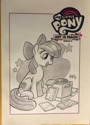 Size: 1478x2048 | Tagged: safe, artist:tonyfleecs, derpibooru import, apple bloom, earth pony, pony, box, comics, cover, female, filly, solo