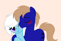 Size: 850x568 | Tagged: safe, artist:amgiwolf, artist:feather_bloom, derpibooru import, oc, oc:carter, oc:feather_bloom, earth pony, pegasus, pony, base used, blushing, couple, eyes closed, hoof around neck, in love, kiss on the cheek, kissing, oc x oc, one eye closed, shipping, tail