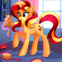 Size: 2000x2000 | Tagged: safe, artist:xjenn9, derpibooru import, sunset shimmer, pony, brush, female, hairbrush, magic, mirror, potted plant, smiling, solo, window