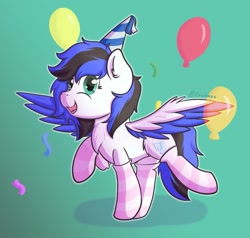 Size: 1003x954 | Tagged: safe, artist:exobass, derpibooru import, oc, oc:black ice, pegasus, balloon, birthday, confetti, female, partyhat, pegasus oc, spreaded wings