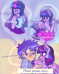 Size: 1399x1755 | Tagged: safe, artist:mimiporcellini, derpibooru import, flash sentry, twilight sparkle, twilight sparkle (alicorn), alicorn, equestria girls, blushing, comic, female, flashlight, human flash sentry x pony twilight, interspecies, male, ponied up, shipping, straight