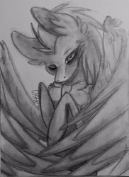 Size: 1912x2625 | Tagged: safe, artist:sketchytwi, derpibooru import, doctor whooves, pegasus, pony, ask discorded whooves, bust, discord whooves, discorded, ear fluff, ears, grayscale, male, monochrome, solo, stallion, traditional art, wings