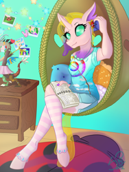 Size: 1768x2357 | Tagged: safe, artist:cuervo-of-cristal, derpibooru import, discord, oc, anthro, changedling, changeling, unguligrade anthro, changedling oc, changeling oc, clothes, crossed legs, female, indoors, lamp, music player, signature, sitting, smiling, socks, striped socks