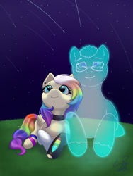 Size: 968x1290 | Tagged: safe, artist:cuervo-of-cristal, derpibooru import, oc, oc only, ghost, pegasus, undead, choker, duo, eyelashes, female, looking up, lying down, mare, multicolored hair, night, pegasus oc, prone, rainbow hair, signature, smiling, stars