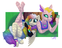 Size: 1238x950 | Tagged: safe, artist:cuervo-of-cristal, derpibooru import, oc, oc only, anthro, changedling, changeling, pegasus, unguligrade anthro, cellphone, changedling oc, changeling oc, clothes, duo, female, multicolored hair, outdoors, pegasus oc, phone, rainbow hair, smartphone, smiling, the pose, underhoof, wings