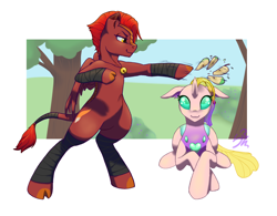 Size: 1810x1415 | Tagged: safe, artist:cuervo-of-cristal, derpibooru import, oc, oc only, changedling, changeling, pegasus, bipedal, changedling oc, changeling oc, duo, female, lying down, outdoors, pegasus oc, prone, punch, signature, smiling, tree, wings