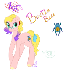 Size: 1954x2190 | Tagged: safe, artist:cuervo-of-cristal, derpibooru import, oc, oc only, beetle, changedling, changeling, earth pony, insect, pony, changedling oc, changeling oc, disguise, disguised changeling, earth pony oc, female, signature, simple background, smiling, white background