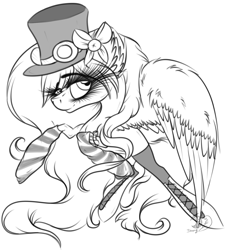 Size: 2413x2658 | Tagged: safe, artist:beamybutt, derpibooru import, oc, oc only, pegasus, pony, ear fluff, ears, eyelashes, female, hat, lineart, mare, rearing, solo, top hat