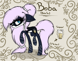 Size: 2848x2220 | Tagged: safe, artist:beamybutt, derpibooru import, oc, oc only, earth pony, pony, boba tea, ear fluff, ears, earth pony oc, eyelashes, female, mare, raised hoof, raised leg, reference sheet, solo