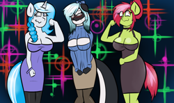 Size: 1300x768 | Tagged: safe, artist:tranzmuteproductions, derpibooru import, oc, oc only, anthro, earth pony, unicorn, braid, clothes, dress, earth pony oc, female, flexing, horn, smiling, unicorn oc