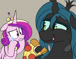 Size: 1351x1066 | Tagged: safe, artist:icey, derpibooru import, princess cadance, queen chrysalis, alicorn, changeling, changeling queen, pony, crying, food, peetzer, pizza, pure unfiltered evil, that pony sure does love pizza