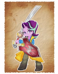 Size: 1609x2048 | Tagged: safe, artist:zeon_starlight, derpibooru import, starlight glimmer, pony, semi-anthro, unicorn, clothes, looking at you, pants, shield, sword, weapon