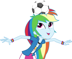 Size: 3637x3000 | Tagged: safe, artist:cloudyglow, derpibooru import, rainbow dash, equestria girls, rainbow rocks, .ai available, clothes, female, football, high res, open mouth, simple background, skirt, solo, sports, transparent background, vector, wristband