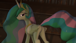 Size: 1920x1080 | Tagged: safe, artist:midnightdanny, derpibooru import, princess celestia, alicorn, pony, 3d, butt, collar, crown, jewelry, looking at you, regalia, solo, source filmmaker, sunbutt