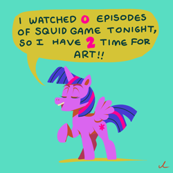 Size: 4500x4500 | Tagged: safe, artist:docwario, derpibooru import, edit, twilight sparkle, twilight sparkle (alicorn), alicorn, pony, 0, 2, implied squid game, open mouth, raised hoof, raised leg, speech bubble