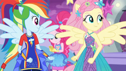 Size: 3410x1920 | Tagged: safe, derpibooru import, screencap, fluttershy, pinkie pie, rainbow dash, better together, equestria girls, rollercoaster of friendship, cellphone, female, high res, phone, ponied up, sleeveless, smartphone, spread wings, super ponied up, wings