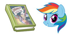 Size: 290x145 | Tagged: safe, derpibooru import, daring do, rainbow dash, pegasus, pony, blue skin, book, cursor, female, grin, head only, mare, multicolored hair, purple eyes, rainbow, rainbow hair, simple background, smiling, teeth, transparent background