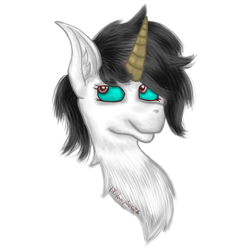 Size: 960x964 | Tagged: safe, artist:lil_vampirecj, derpibooru import, oc, oc:wafflemare, pony, unicorn, black mane, blue eyes, brown eyes, bust, ears up, fluffy, food, looking at you, looking back, looking back at you, photo, raffle prize, smiling, smiling at you, solo, waffle, white body