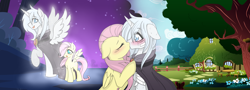 Size: 7597x2746 | Tagged: safe, artist:darkstorm mlp, derpibooru import, fluttershy, oc, oc:wishing star, alicorn, pegasus, pony, alicorn oc, alternate universe, bandage, bandaged leg, blushing, canon x oc, cloak, clothes, female, filly, filly fluttershy, horn, injured, kissing, male, paradox, shipping, straight, time travel, wings, younger