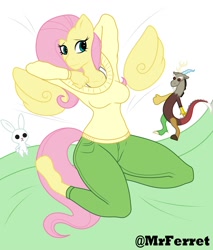 Size: 1700x2000 | Tagged: safe, artist:mr.ferret, derpibooru import, angel bunny, discord, fluttershy, anthro, unguligrade anthro, breasts, clothes, floating wings, hootershy, pants, plushie, sexy, solo, sweater, sweatershy, wings