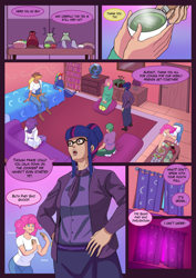 Size: 3508x4961 | Tagged: safe, artist:annon, derpibooru import, applejack, fluttershy, pinkie pie, rainbow dash, rarity, spike, twilight sparkle, human, comic:pink world, apple, bed, bookshelf, clothes, coat, comic, cookie, curtains, dialogue, eating, food, glasses, glowing, human spike, humanized, jacket, jeans, mane seven, mane six, necktie, overalls, pants, plant, snacks, sofa, speech bubble, sweatband, sweater, tea, tracksuit