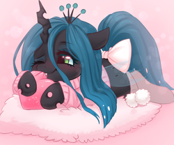 Size: 960x800 | Tagged: safe, artist:valeria_fills, derpibooru import, queen chrysalis, changeling, changeling queen, abstract background, biting, blushing, bow, bowtie, clothes, cute, cute little fangs, cutealis, eyelashes, fangs, female, heart, horn, one eye closed, prone, socks, solo, sweater, tail, tail bow, weapons-grade cute, wings