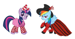 Size: 1144x600 | Tagged: safe, derpibooru import, rainbow dash, twilight sparkle, unicorn twilight, pegasus, pony, unicorn, candyland, clothes, costume, licorice, looking at you, lord licorice, mr. mint, simple background, smiling, transparent background, wings